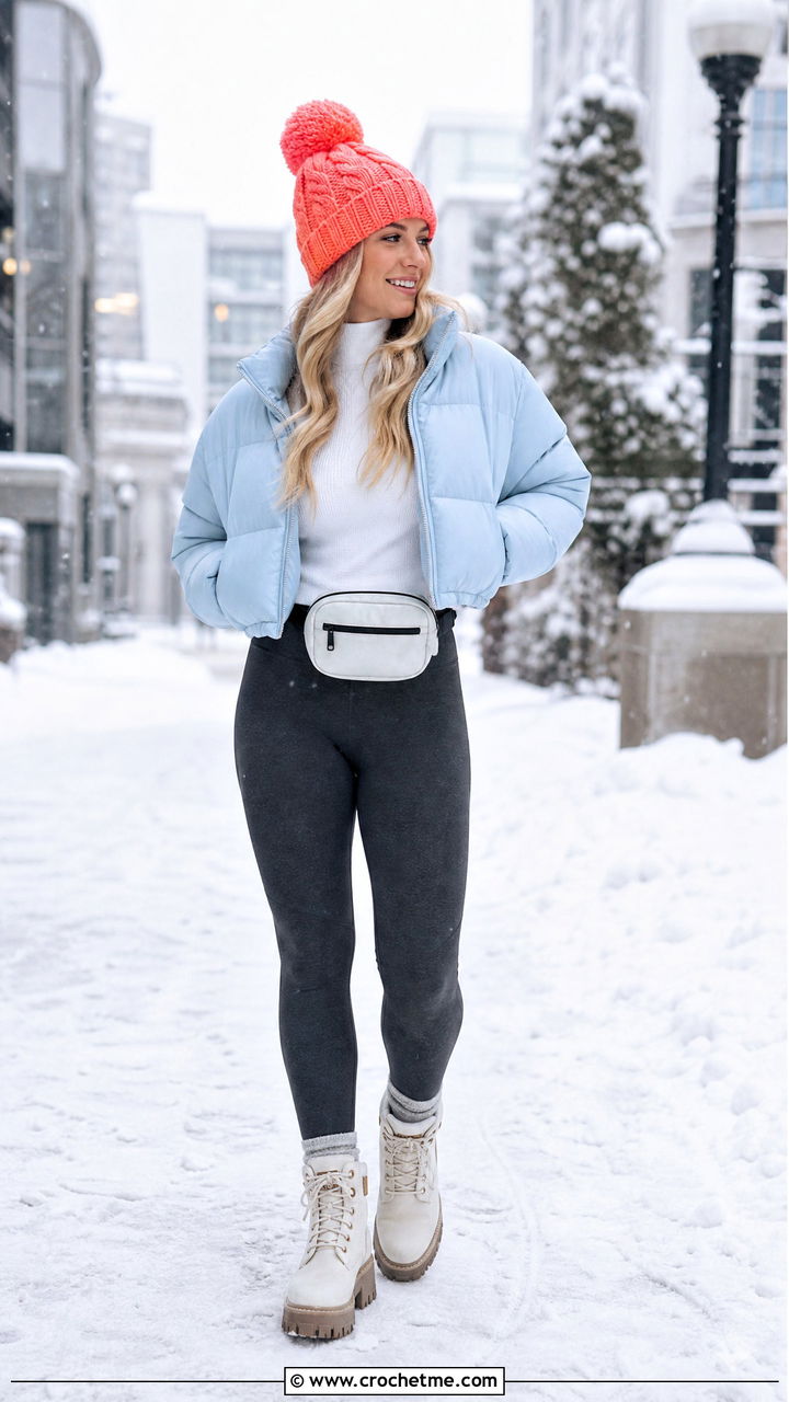 Pom Pom Crochet Beanie With A Puffer Jacket - 35 easy crochet hats outfit ideas