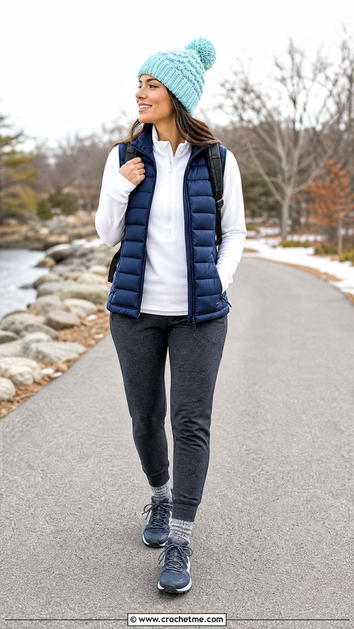 Pom Pom Crochet Beanie With A Puffer Vest - 35 Crochet Hats For Women outfit ideas