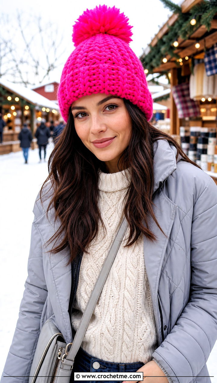 Pom Pom Crochet Beanie With Cable Sweater And Jeans - 20 crochet women's hat outfit ideas