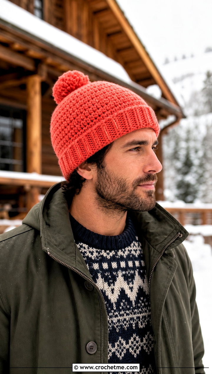 Pom Pom Crochet Beanie With Fair Isle Sweater - 25 crochet for men's beanies outfit ideas
