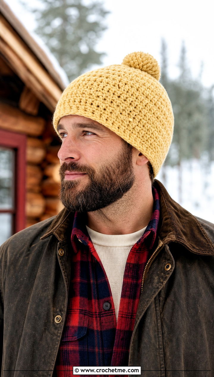 Pom Pom Crochet Beanie With Flannel Shirt - 25 Easy Mens Crochet Beanie outfit ideas