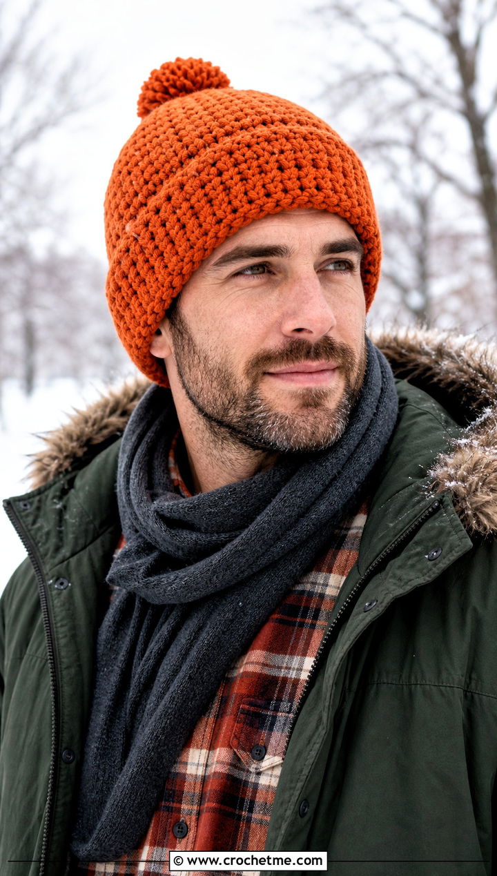 Pom Pom Crochet Beanie With Parka - 25 easy men's crochet beanie outfit ideas