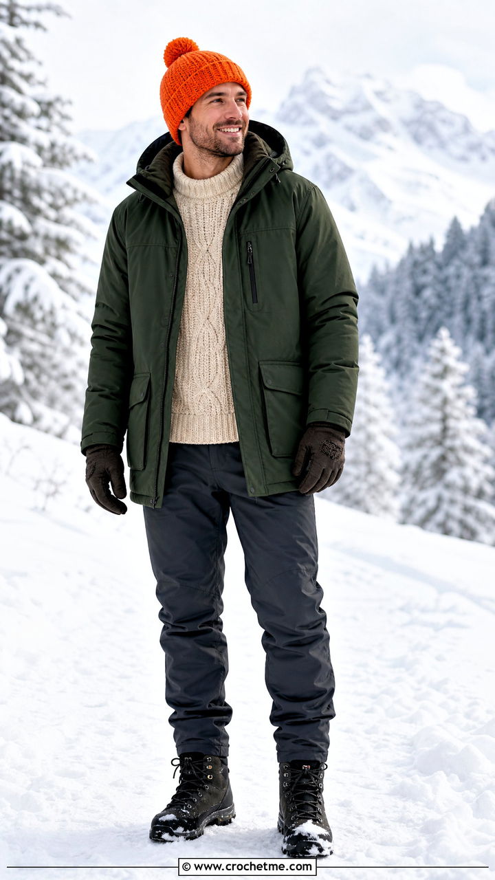 Pom Pom Crochet Beanie With Parka And Snow Boots - 35 crochet hat men outfit ideas