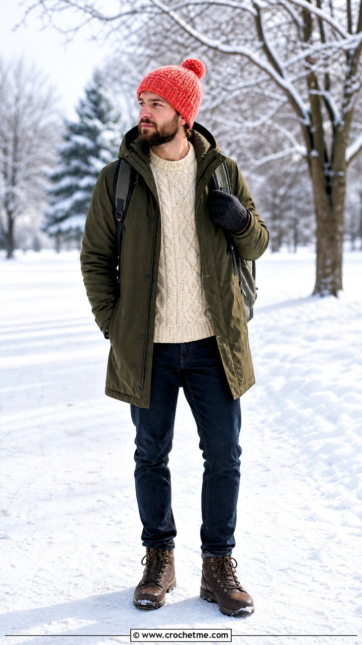 Pom Pom Crochet Beanie With Parka - 35 men's crochet beanie outfit ideas