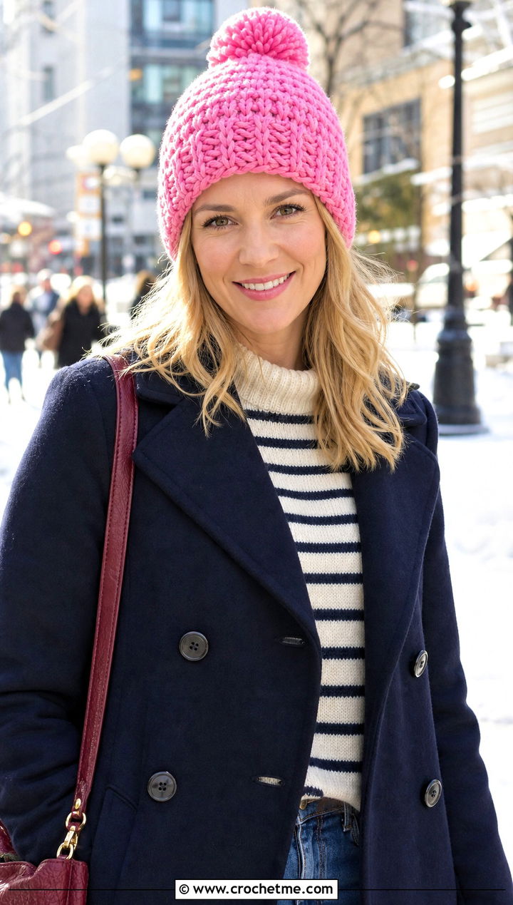 Pom Pom Crochet Beanie With Peacoat And Straight Jeans - 20 classic crochet beanie outfit ideas