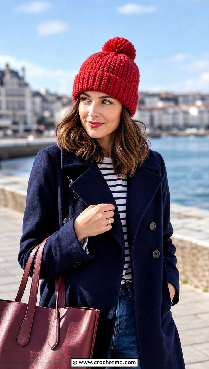 Pom Pom Crochet Beanie With Peacoat And Wide Leg Jeans - 15 cool crochet beanie outfit ideas