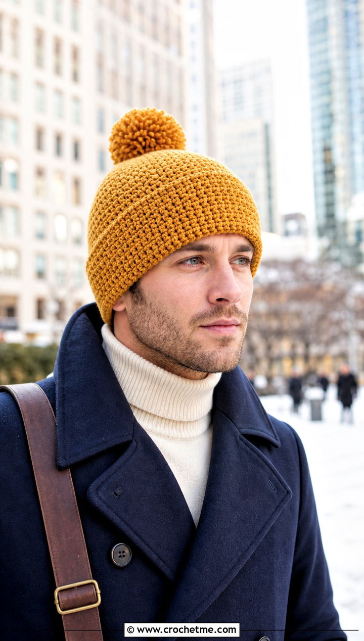 Pom Pom Crochet Beanie With Peacoat Outfit - 25 Unisex Crochet Hat outfit ideas