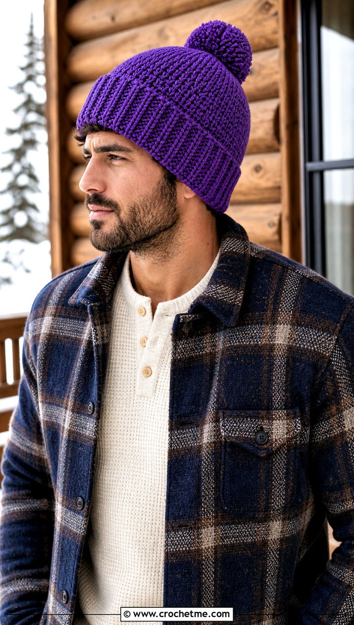 Pom Pom Crochet Beanie With Plaid Shacket - 25 mens winter crochet hats outfit ideas
