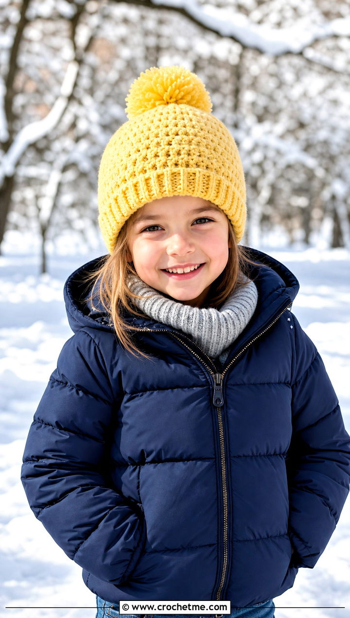 Pom Pom Crochet Beanie With Puffer Coat - 25 crochet childs hat outfit ideas