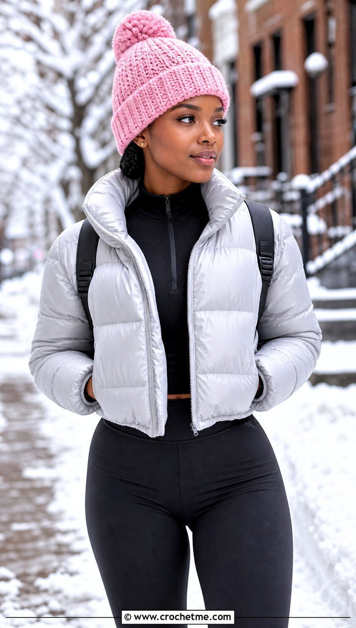 Pom Pom Crochet Beanie With Puffer Jacket - 30 crochet hats black women outfit ideas