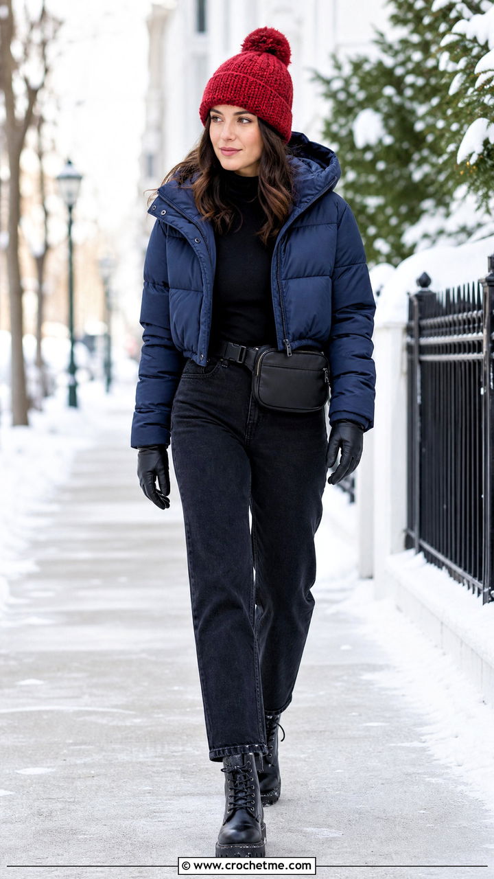Pom Pom Crochet Beanie With Puffer Jacket - 35 easy crochet beanie outfit ideas