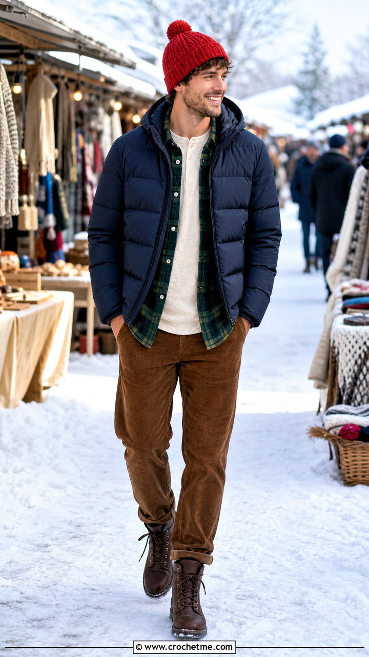 Pom Pom Crochet Beanie With Puffer Jacket - 35 men's crochet hat outfit ideas