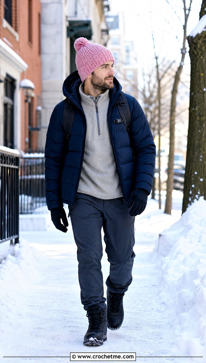 Pom Pom Crochet Beanie With Puffer Jacket - 35 mens crochet hat outfit ideas