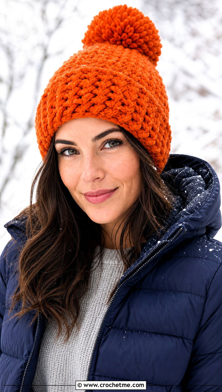 Pom Pom Crochet Beanie With Puffer Jacket - 35 one piece crochet hat outfit ideas
