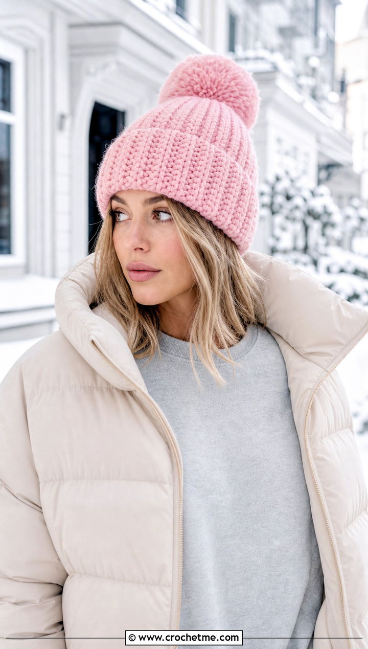 Pom Pom Crochet Beanie With Puffer Jacket - 25 crochet hat for beginners outfit ideas