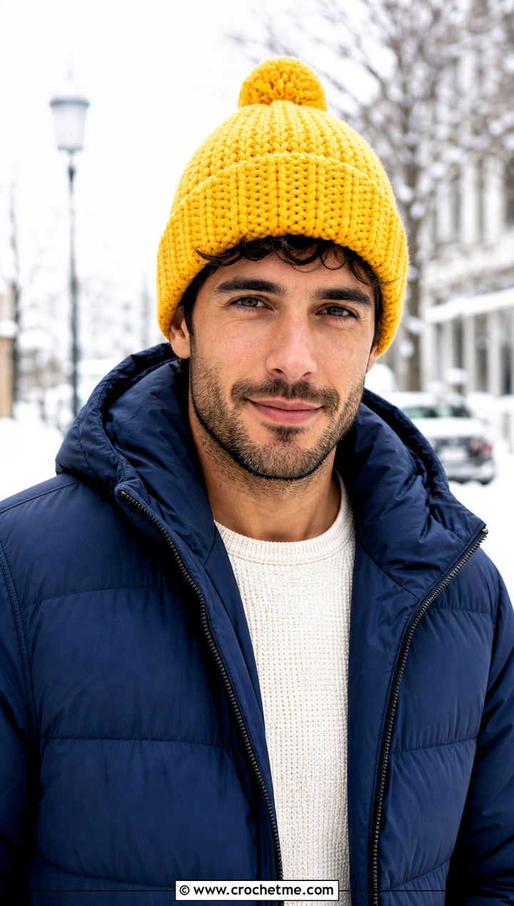 Pom Pom Crochet Beanie With Puffer Jacket - 25 easy crochet beanie for men outfit ideas