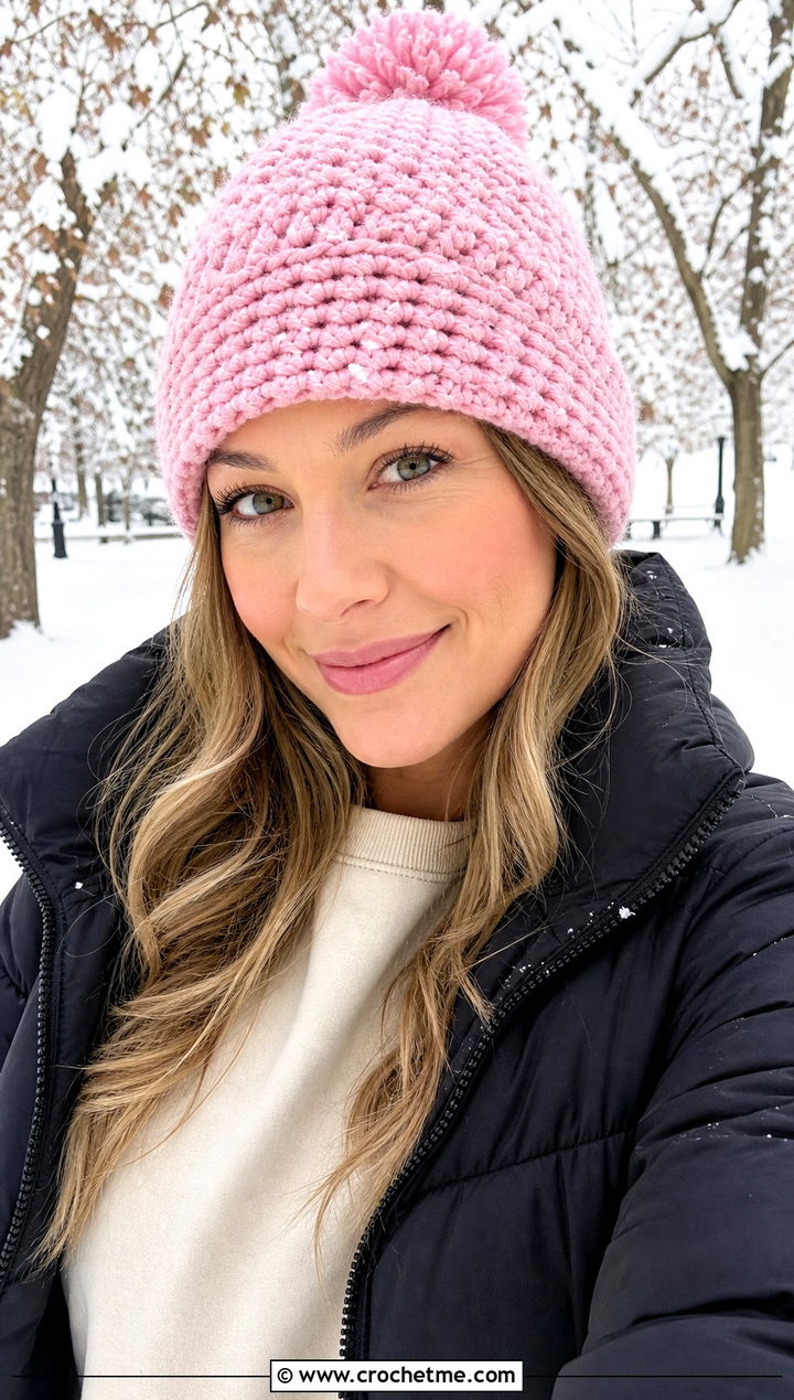 Pom Pom Crochet Beanie With Puffer Jacket - 25 Quick Crochet Hats outfit ideas