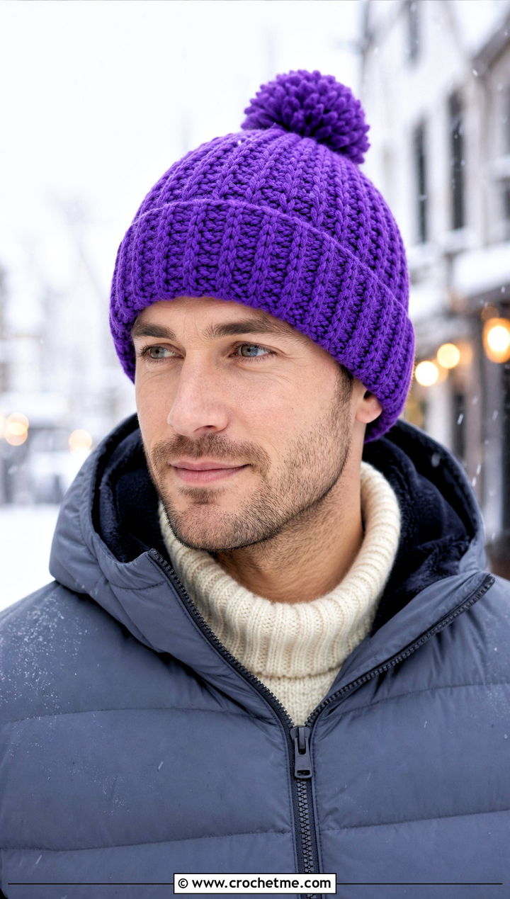 Pom Pom Crochet Beanie With Puffer Jacket - 30 men crochet hat outfit ideas