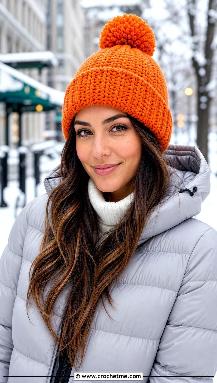 Pom Pom Crochet Beanie With Puffer Jacket - 35 basic crochet beanie outfit ideas