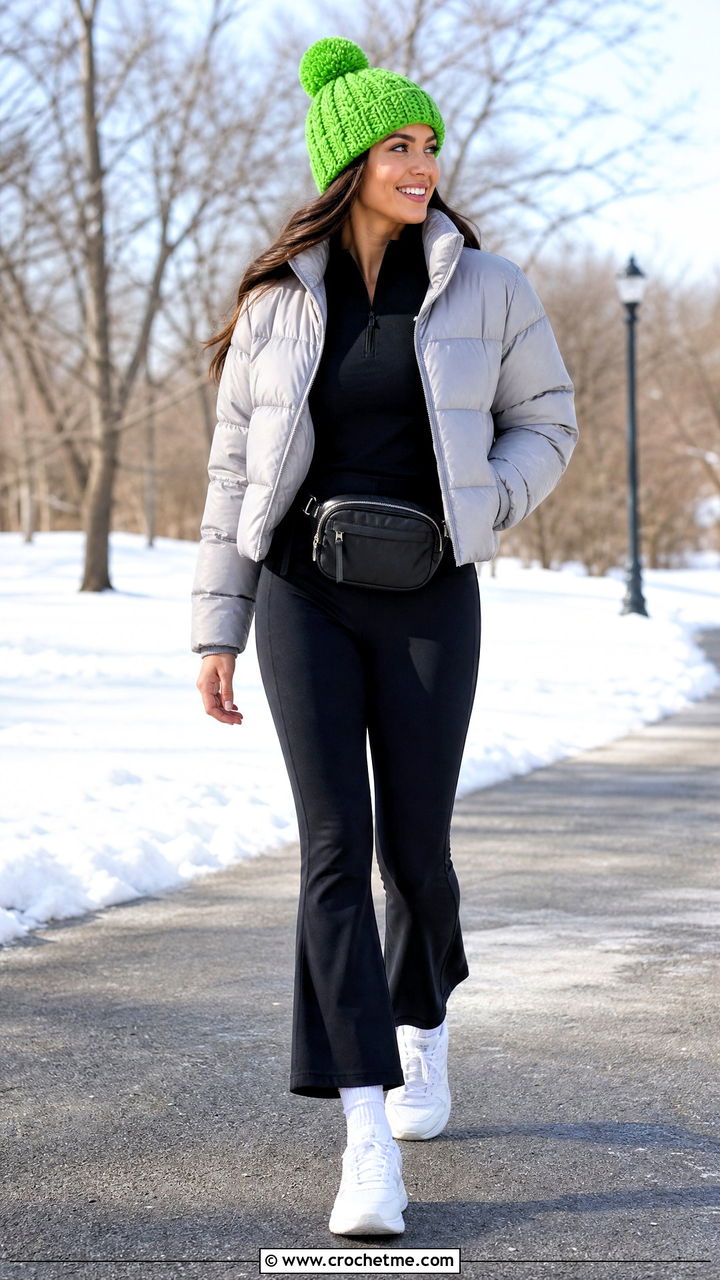 Pom Pom Crochet Beanie With Puffer Jacket - 35 crochet beanies outfit ideas