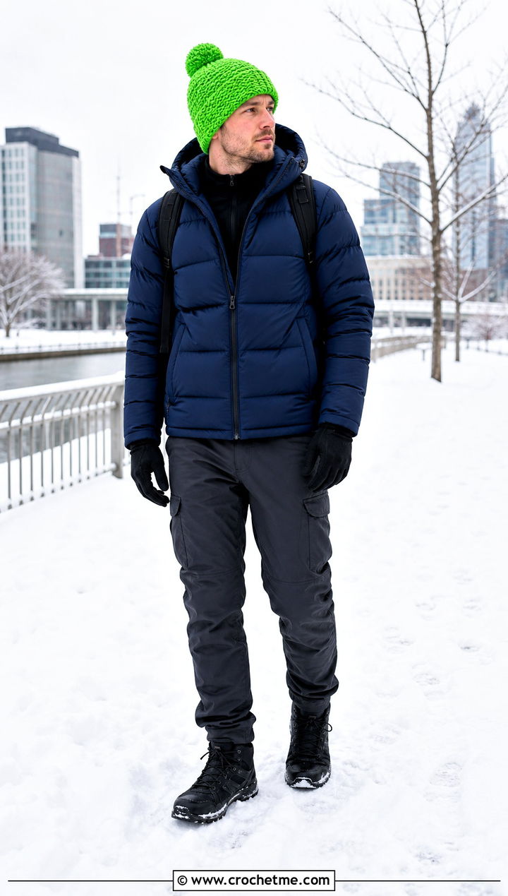 Pom Pom Crochet Beanie With Puffer Jacket - 35 crochet hat for man outfit ideas