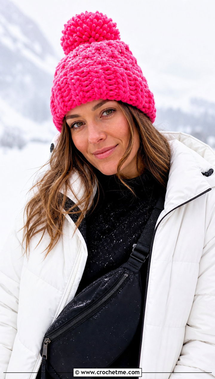 Pom Pom Crochet Beanie With Puffer Jacket And Leggings - 25 beginner crochet beanie outfit ideas