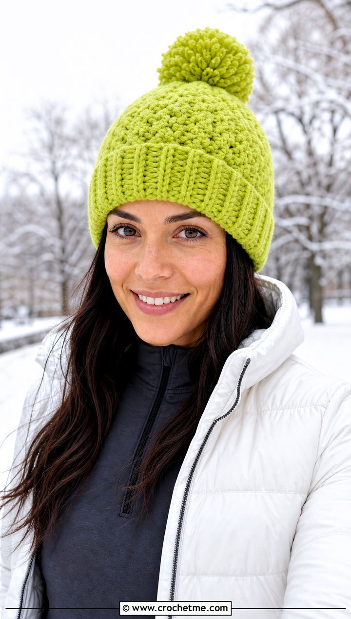 Pom Pom Crochet Beanie With Puffer Jacket And Leggings - 25 Fast Crochet Beanie outfit ideas