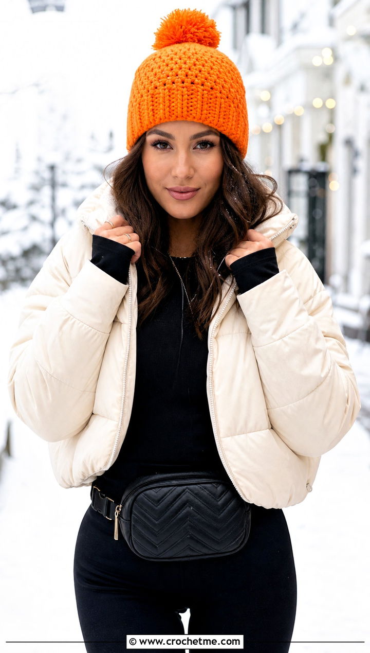 Pom Pom Crochet Beanie With Puffer Jacket And Leggings - 15 Crochet Beanie Bucket Hat outfit ideas