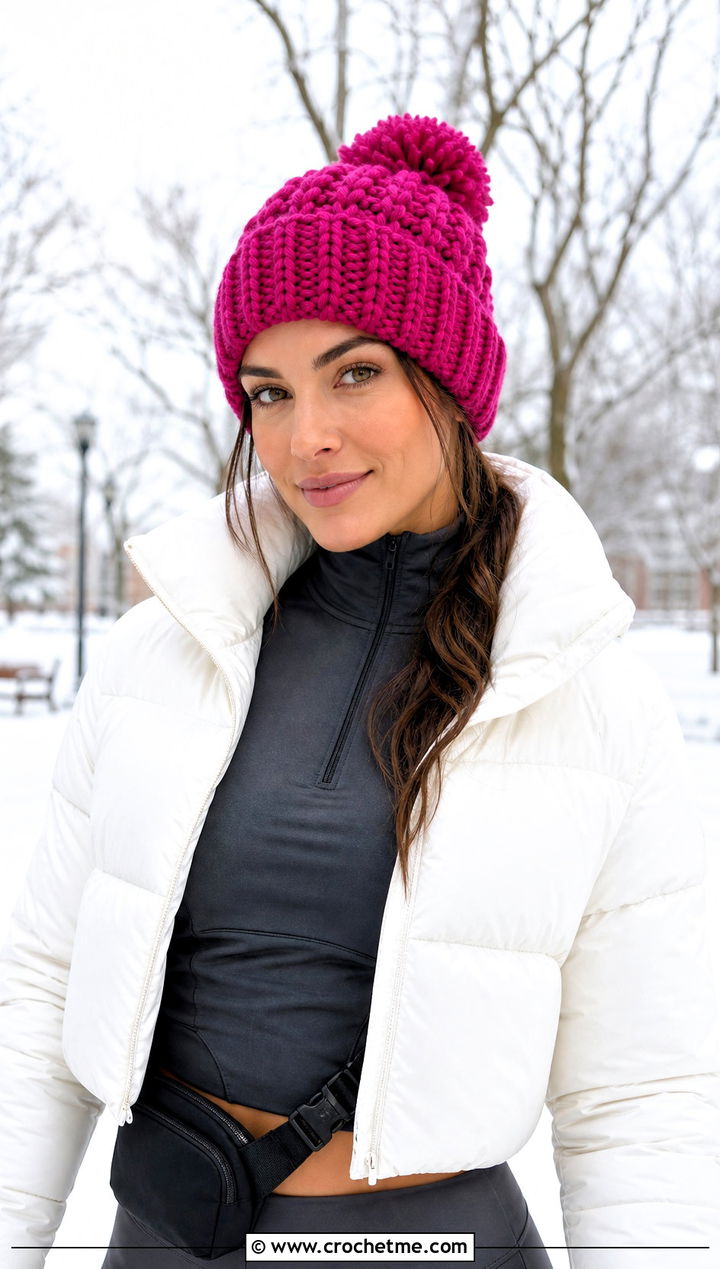 Pom Pom Crochet Beanie With Puffer Jacket And Leggings - 15 Modern Crochet Hat outfit ideas