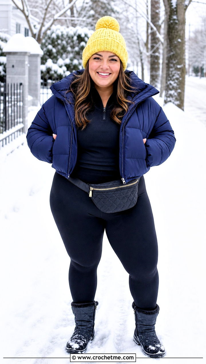 Pom Pom Crochet Beanie With Puffer Jacket And Leggings - 20 unique crochet beanie outfit ideas