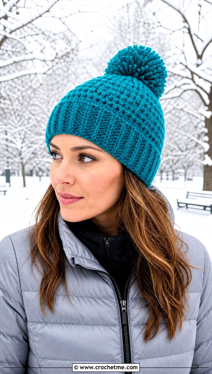 Pom Pom Crochet Beanie With Puffer Jacket And Leggings - 25 Crochet Beanie Size 4 Yarn outfit ideas