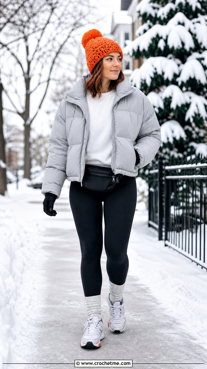 Pom Pom Crochet Beanie With Puffer Jacket And Leggings - 35 crochet beanie hat outfit ideas