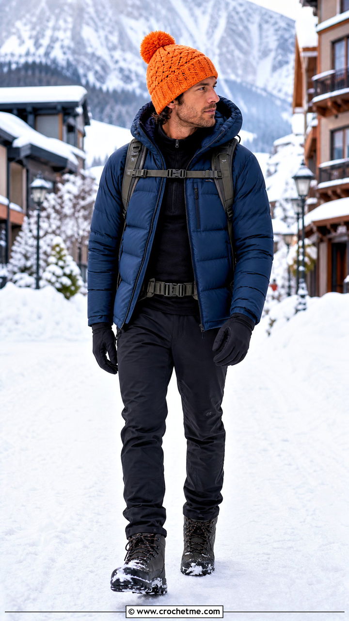 Pom Pom Crochet Beanie With Puffer Jacket And Snow Boots - 35 crochet beanie for men outfit ideas