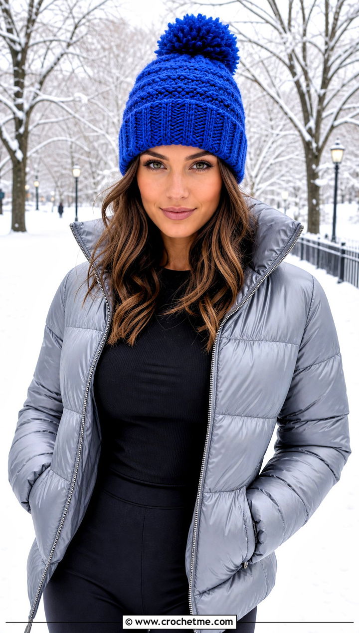 Pom Pom Crochet Beanie With Puffer Jacket and Leggings - 15 Crochet Warm Winter Hat outfit ideas