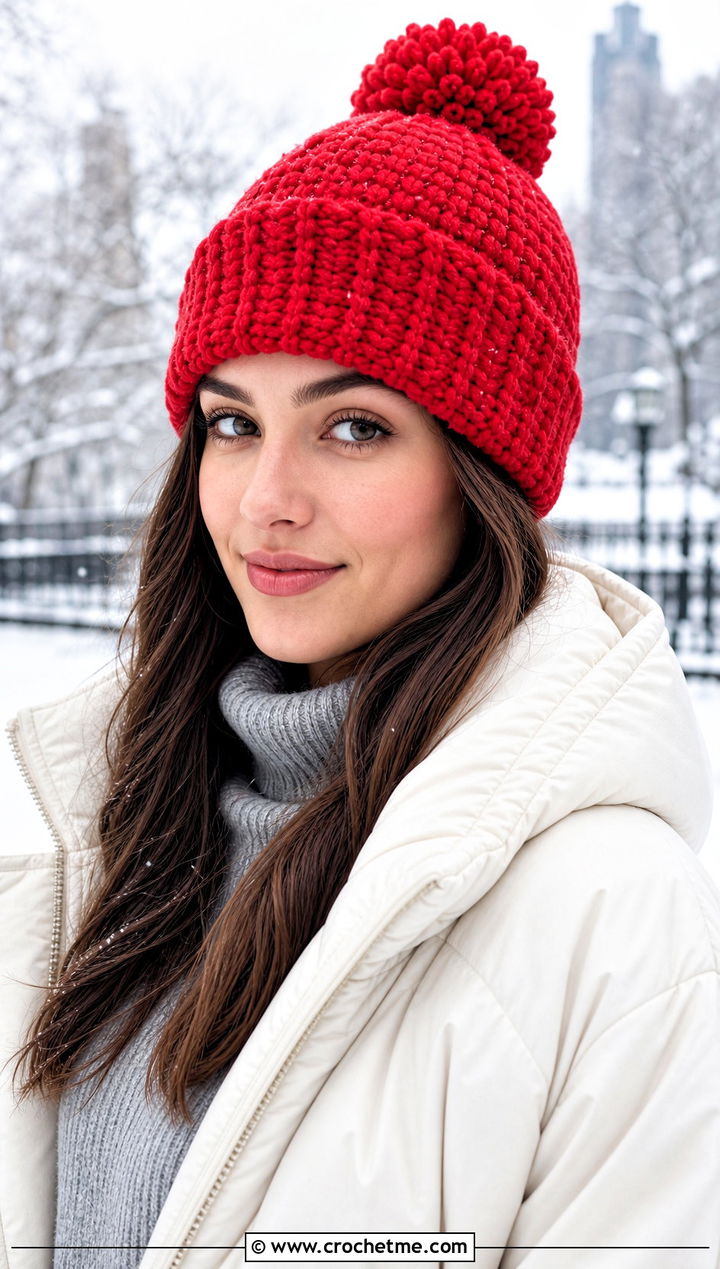 Pom Pom Crochet Beanie With Puffer Jacket - 30 crochet beanies for women outfit ideas