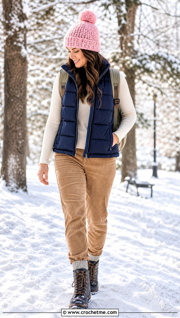 Pom Pom Crochet Beanie With Puffer Vest - 35 fun crochet hats outfit ideas