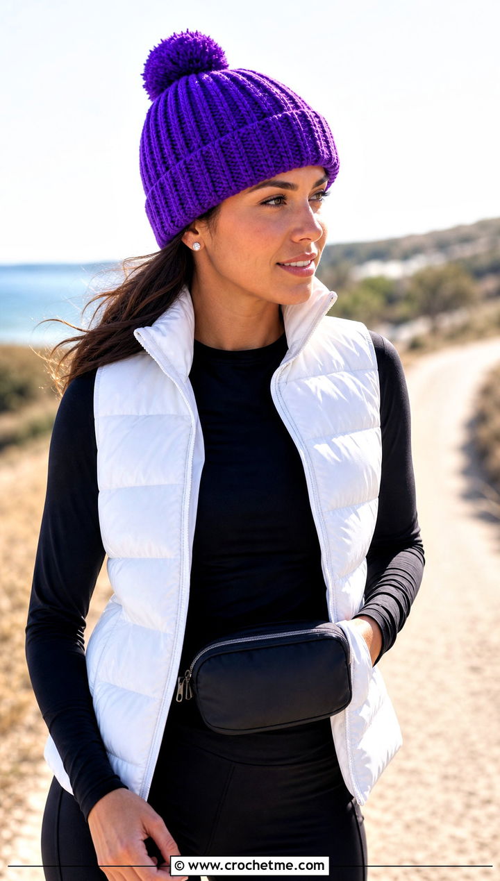 Pom Pom Crochet Beanie With Puffer Vest - 15 Fun Crochet Hats For Adults outfit ideas