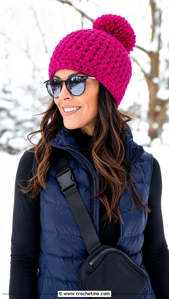 Pom Pom Crochet Beanie With Puffer Vest And Leggings - 20 Boho Crochet Beanie outfit ideas
