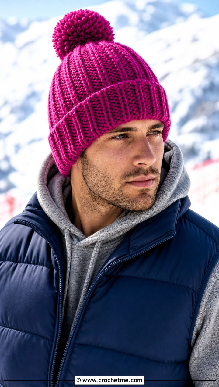 Pom Pom Crochet Beanie With Puffer Vest - 30 crochet man beanie outfit ideas