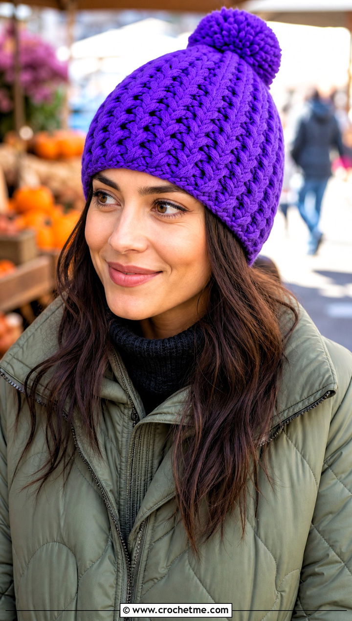 Pom Pom Crochet Beanie With Quilted Coat - 25 Fall Crochet Beanie outfit ideas