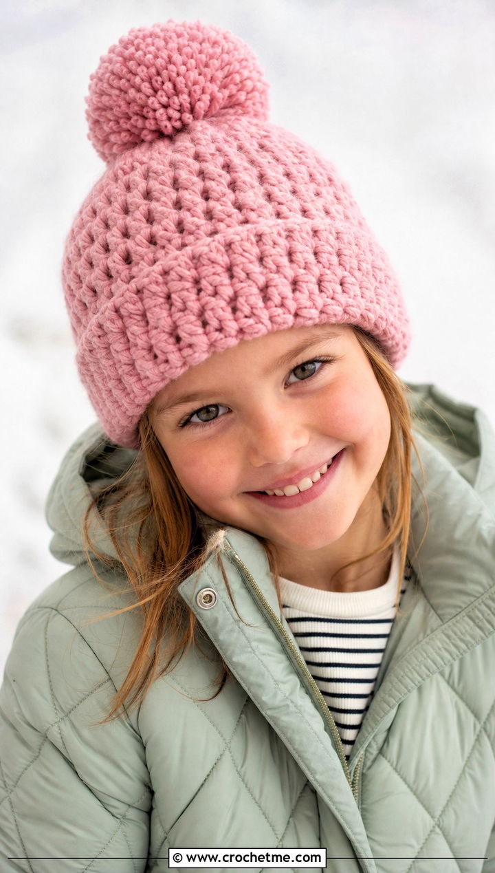 Pom Pom Crochet Beanie With Quilted Coat - 15 Childs Crochet Hat outfit ideas