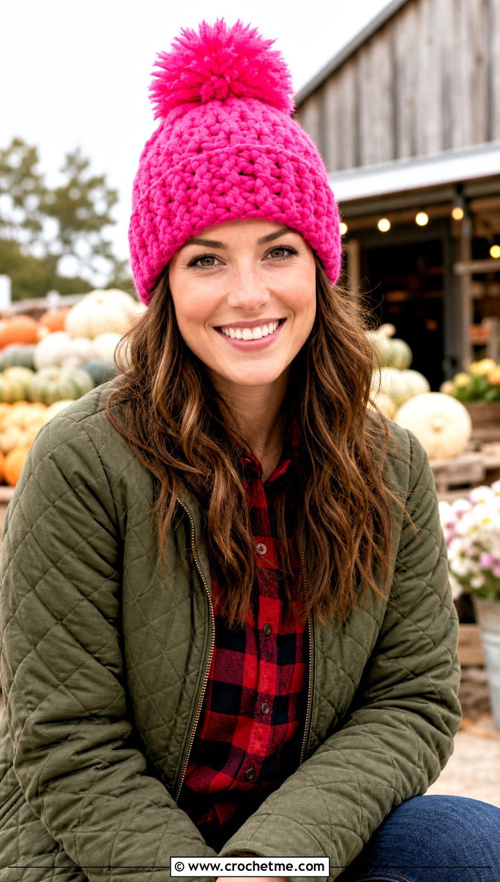 Pom Pom Crochet Beanie With Quilted Jacket - 25 country cottage crochet beanie outfit ideas