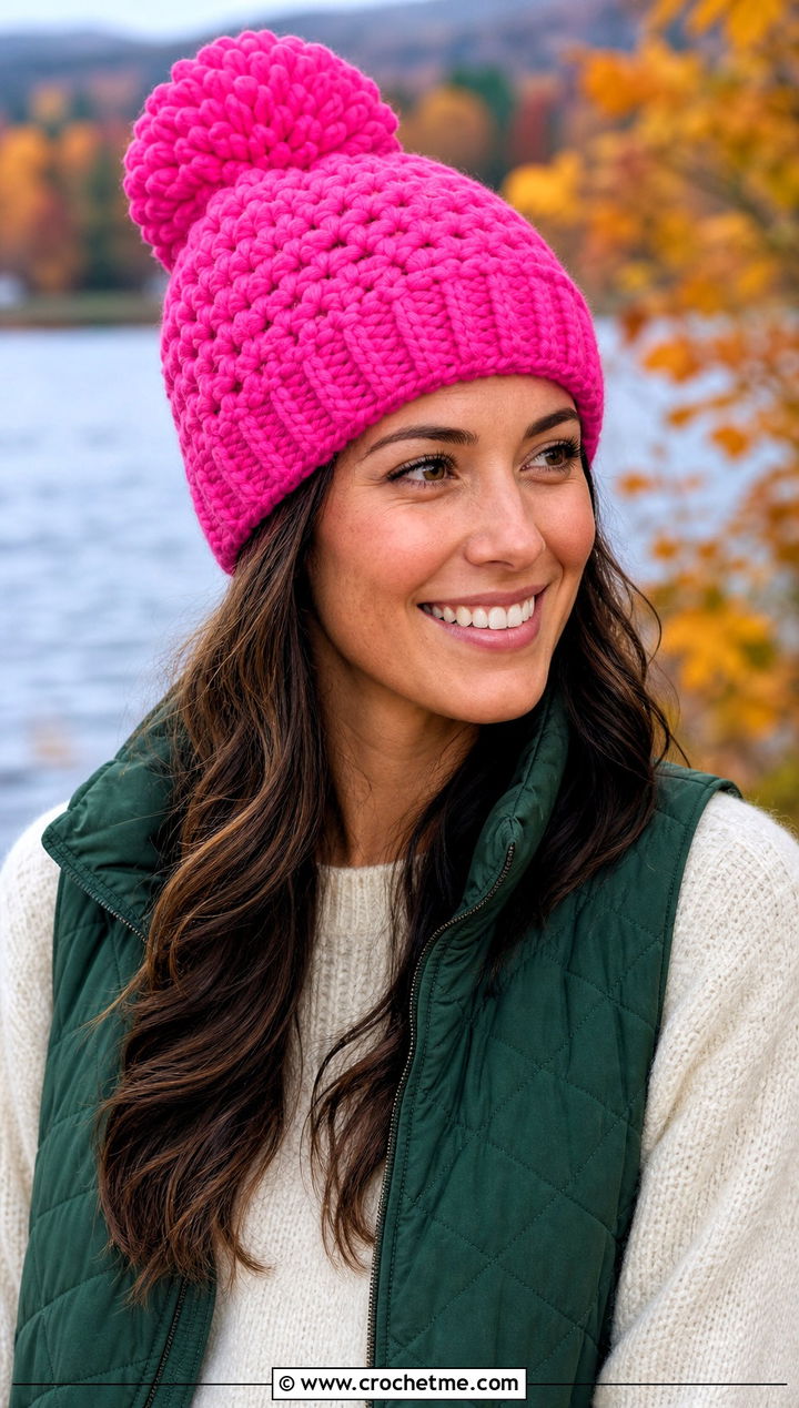 Pom Pom Crochet Beanie With Quilted Vest - 25 lakeside crochet beanie outfit ideas