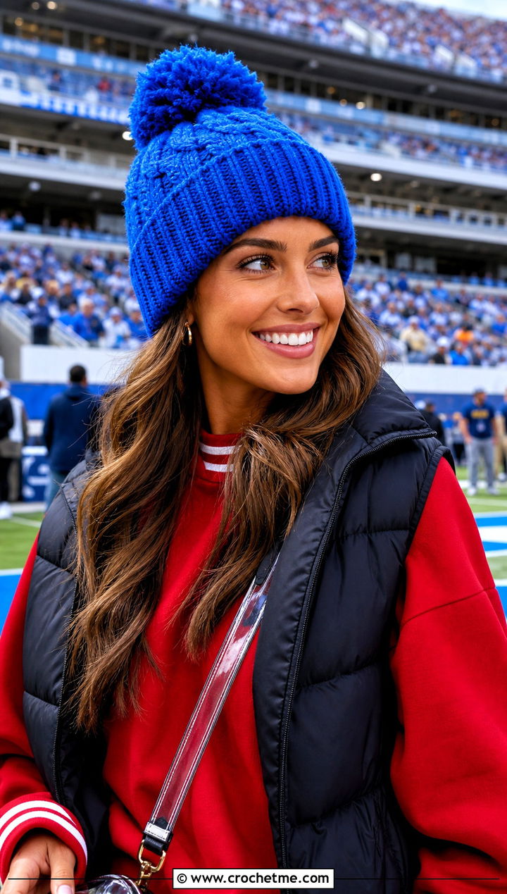 Pom Pom Crochet Beanie With Red Varsity Sweatshirt - 25 Taylor Swift Crochet Hat outfit ideas
