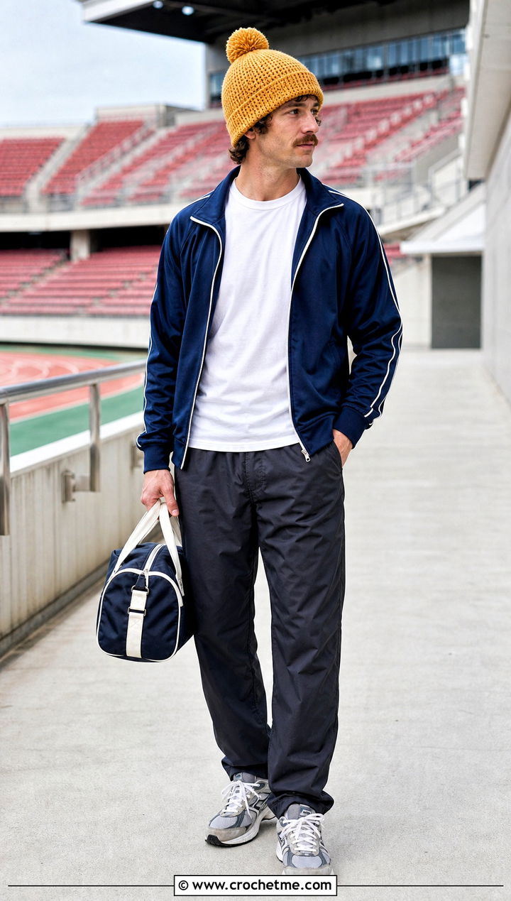 Pom Pom Crochet Beanie With Retro Track Jacket - 35 crochet hats men outfit ideas