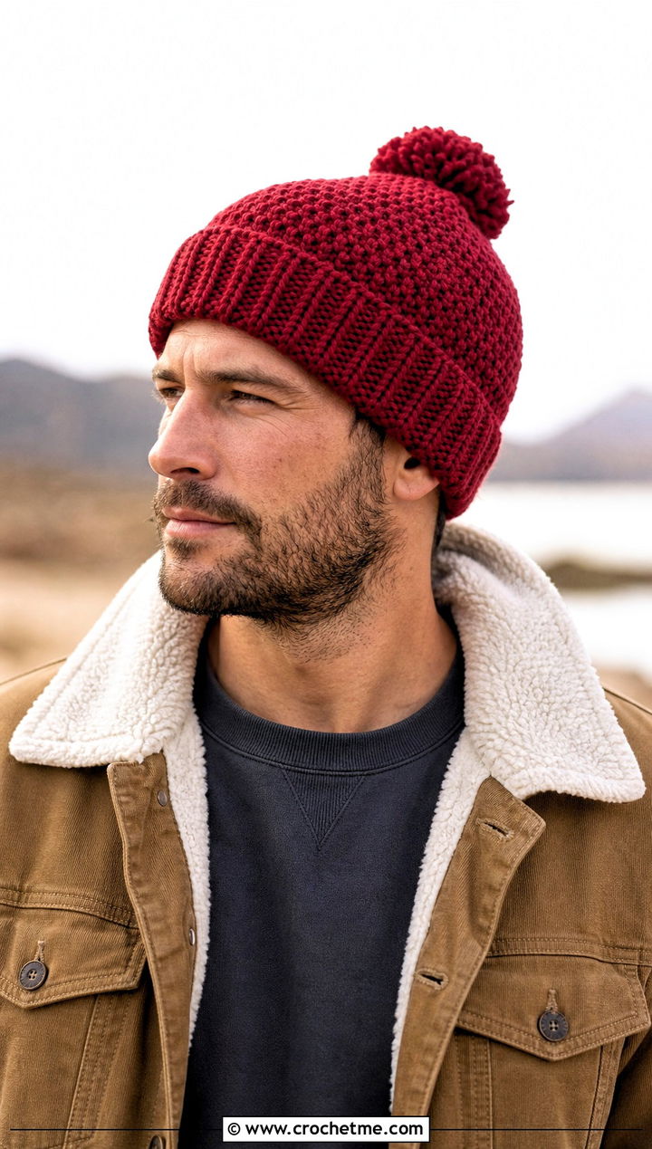 Pom Pom Crochet Beanie With Sherpa Jacket - 15 Crochet Men's Hats outfit ideas