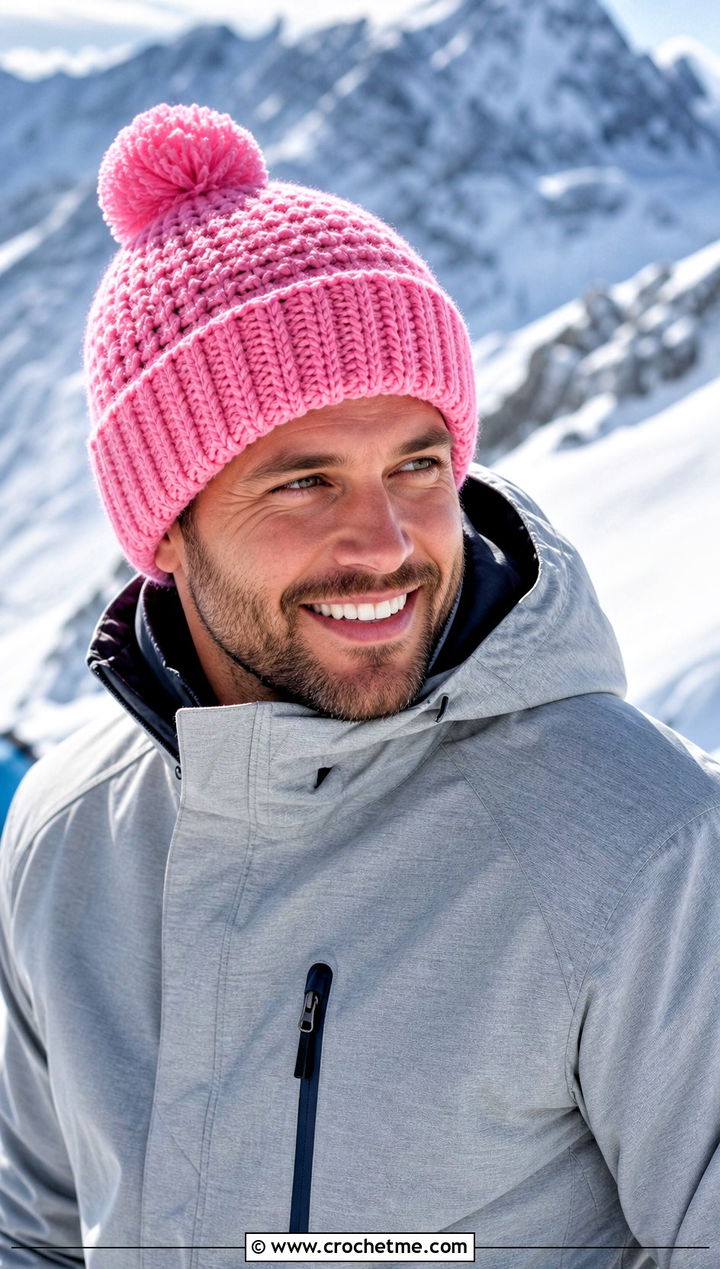 Pom Pom Crochet Beanie With Ski Jacket - 25 crocheted mens hats outfit ideas