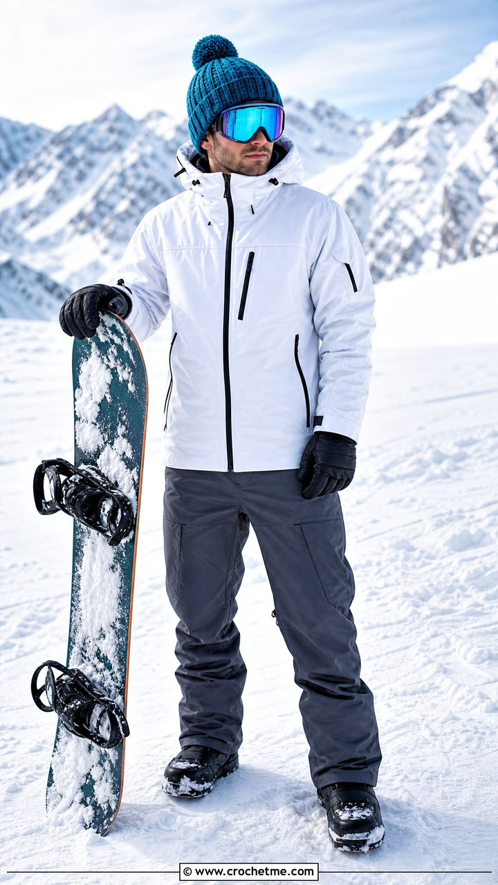 Pom Pom Crochet Beanie With Ski Jacket And Salopettes - 35 crochet hat for men outfit ideas