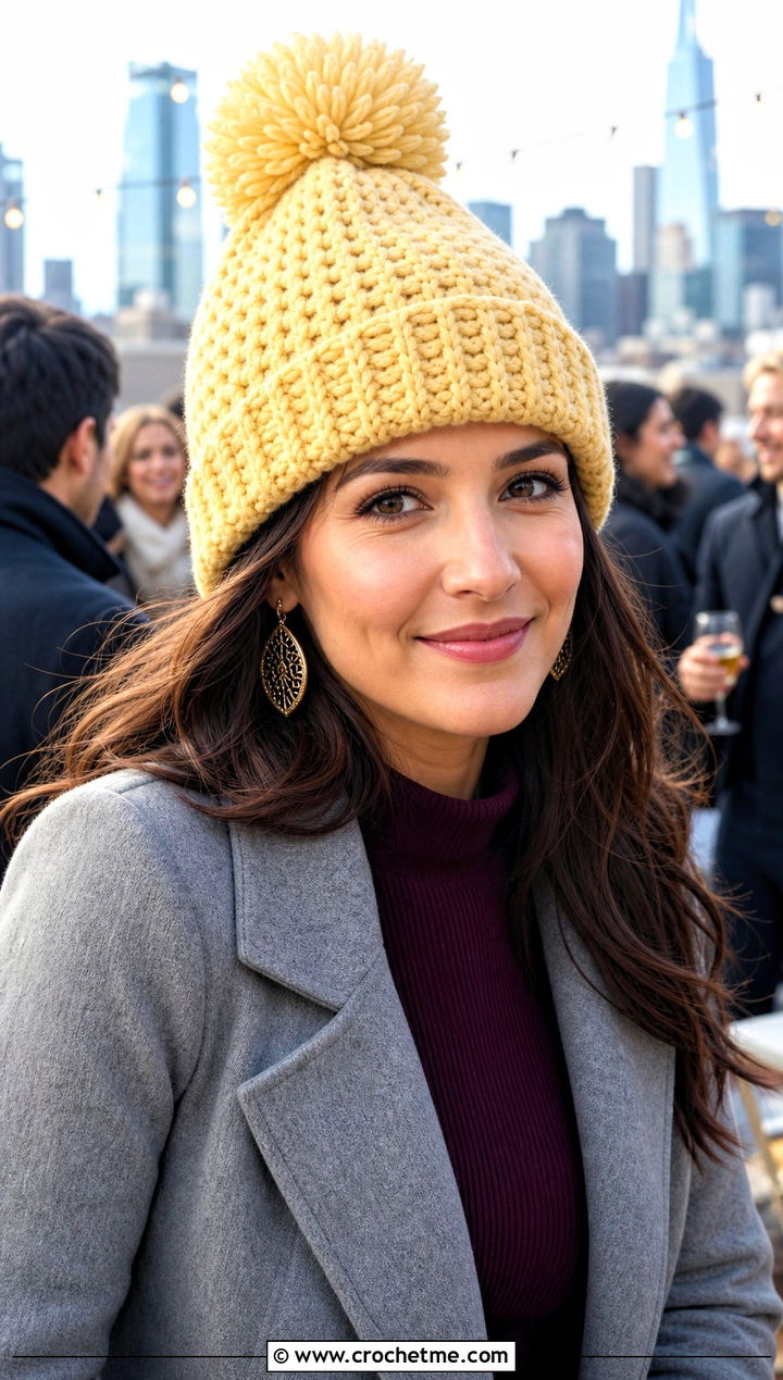 Pom Pom Crochet Beanie With Sweater Dress - 25 party crochet hat outfit ideas