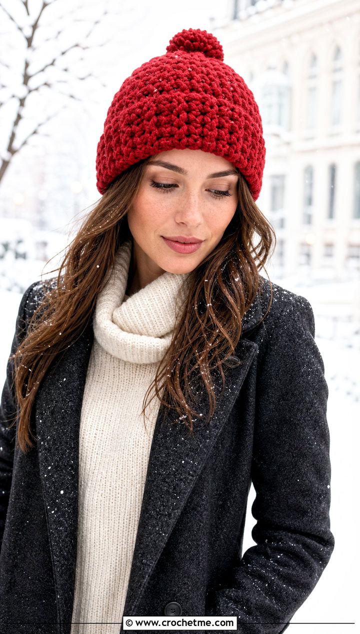 Pom Pom Crochet Beanie With Sweater Dress - 15 crochet beany hat outfit ideas